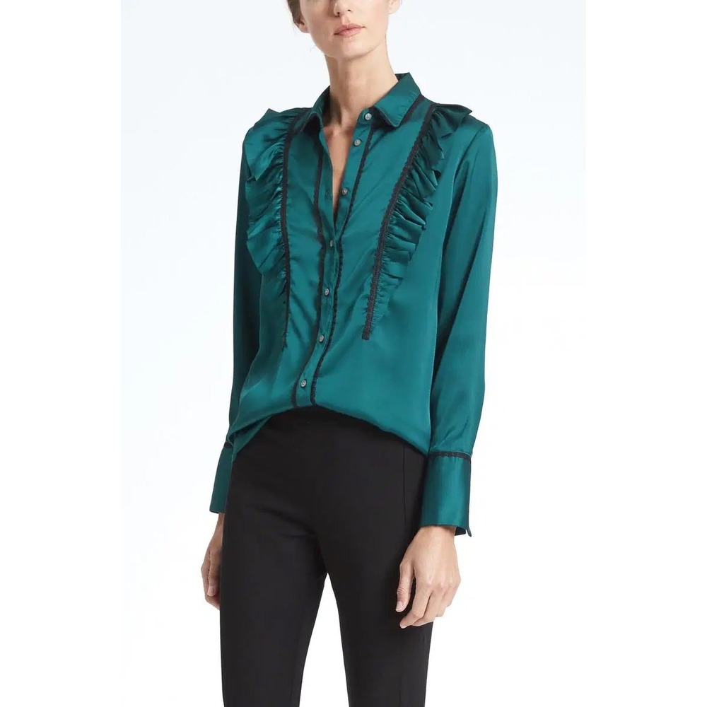 NWT Banana‎ Republic Dillon Ruffle Shirt in Teal XS Vampire Dark WhimsiGoth